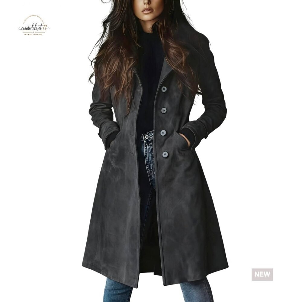 Long Faux Suede Trench Coat Classic Slim Fit Elegant Button Closure Windproof